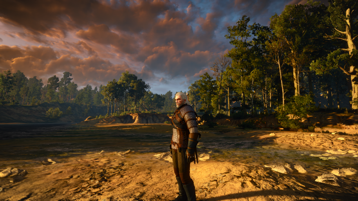 Soldier with two swords, grey hair standing in a swamp